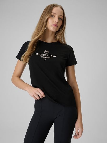 4F T-shirt regular z nadrukiem damski - czarny S. Czarne t-shirty 4f, s, bez wzorów, z dzianiny, bez kołnierzyka, bez ramiączek. Za 59.99 zł.