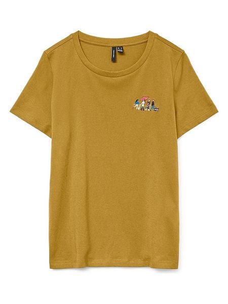 Vero Moda Koszulka w kolorze musztardowym rozmiar: XS. Żółte bluzki Vero Moda, xs, bez wzorów, z bawełny, bez kołnierzyka, bez ramiączek. Za 48.16 zł.