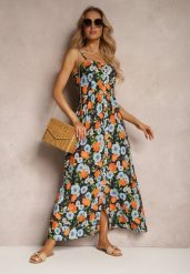 Granatowo-Niebieska Wiskozowa Sukienka w Kwiaty z Gumką w Pasie i Regulowanymi Ramiączkami Ostialia. Niebieskie sukienki Renee, na co dzień, na lato, m, bez wzorów, z wiskozy, eleganckie, bez kołnierzyka, bez ramiączek, rozkloszowane. Za 79.99 zł.