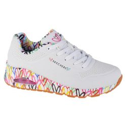 Buty sportowe Sneakersy damskie, Uno-Loving Love. Białe obuwie sportowe Skechers, z materiału, bez zapięcia, trekkingowe, Skechers Sport. Za 339.00 zł.