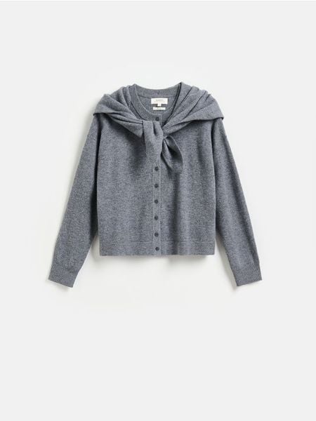 Wełniany kardigan z chustą - szary. Szare kardigany Reserved, l, bez wzorów, z wełny. Za 259.99 zł.