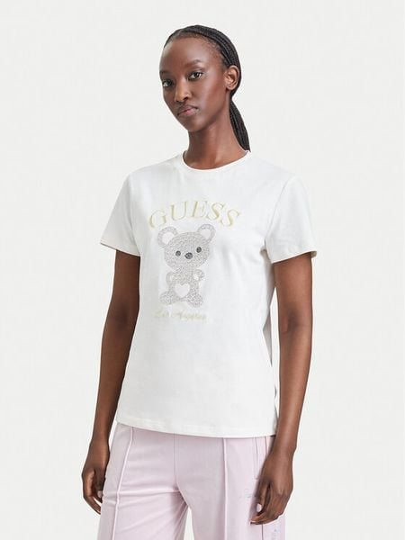 Guess T-Shirt V6BI28 K9360 Kremowy Regular Fit. Białe t-shirty Guess, s, z aplikacjami, z bawełny, bez kołnierzyka, bez ramiączek. Za 234.99 zł.