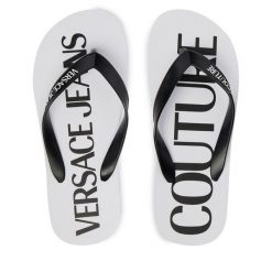 Japonki Versace Jeans Couture. Białe klapki Versace Jeans Couture, bez wzorów, z jeansu, bez obcasa. Za 249.99 zł.