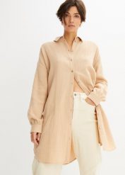 Długa bluzka muślinowa oversize. Brązowe bluzki bonprix, bez wzorów, bez kołnierzyka, bez ramiączek. Za 139.99 zł.