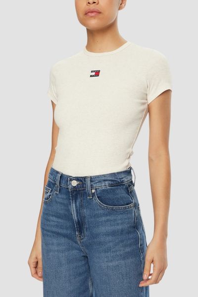 TOMMY JEANS Beżowy damski t-shirt, Rozmiar S. Brązowe t-shirty Tommy Jeans, s, bez wzorów, z jeansu, bez kołnierzyka, bez ramiączek. W wyprzedaży za 90.99 zł.