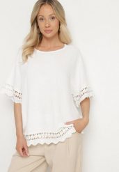 Biała Bluzka z Ażurowymi Wstawkami Vozenia. Białe bluzki Born2be, xl, w ażurowe wzory, z jeansu, eleganckie, bez kołnierzyka, bez ramiączek. W wyprzedaży za 67.99 zł.