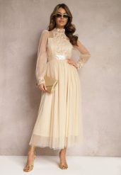 Beżowa Siateczkowa Sukienka Maxi o Rozkloszowanym Kroju z Ozdobną Koronką Narile. Brązowe sukienki Renee, m, bez wzorów, z koronki, eleganckie, bez kołnierzyka, bez ramiączek, maxi, rozkloszowane. Za 179.99 zł.