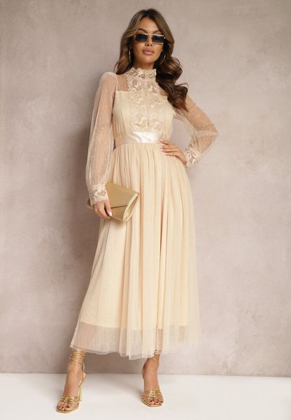 Beżowa Siateczkowa Sukienka Maxi o Rozkloszowanym Kroju z Ozdobną Koronką Narile. Brązowe sukienki Renee, s, bez wzorów, z koronki, eleganckie, bez kołnierzyka, bez ramiączek, maxi, rozkloszowane. Za 149.99 zł.