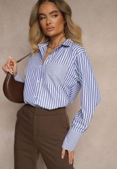 Niebiesko-Biała Koszula z Bawełną w Paski Koriaretta. Niebieskie koszule Renee, l, bez wzorów, z bawełny, eleganckie, bez kołnierzyka, bez ramiączek. Za 69.99 zł.