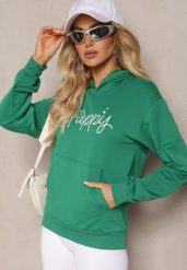 Zielona Bluza Ozdobiona Napisem z Kangurkową Kieszenią i Kapturem Hecconia. Zielone bluzy Renee, xl, bez wzorów. Za 69.99 zł.