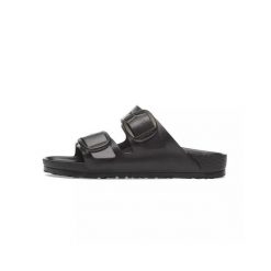 Klapki damskie Birkenstock Arizona. Czarne klapki Birkenstock, bez wzorów, z materiału, bez obcasa. Za 338.00 zł.