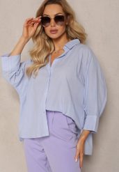 Niebieska Koszula z Bawełny Rękawy 3/4 Typu Nietoperz Delilatia. Niebieskie koszule Renee, l, bez wzorów, z bawełny, bez kołnierzyka, bez ramiączek. Za 69.99 zł.