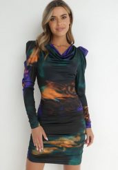 Fioletowo-Zielona Sukienka Tie-Dye z Bufiastym Rękawem Haki. Fioletowe sukienki Born2be, na co dzień, m, bez wzorów, eleganckie, bez kołnierzyka, bez ramiączek, mini, dopasowane. Za 169.99 zł.