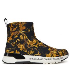 Botki Versace Jeans Couture. Czarne botki Versace Jeans Couture, bez wzorów, z jeansu, bez obcasa, na płaskiej podeszwie, bez zapięcia. Za 729.99 zł.