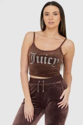JUICY COUTURE Brązowy welurowy top damski z błyszczącym logo, Rozmiar L. Brązowe topy Juicy Couture, l, bez wzorów, z weluru, bez kołnierzyka, bez ramiączek. W wyprzedaży za 149.99 zł.