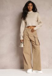 Beżowe Szerokie Spodnie High Waist w Stylu Cargo Vomisal. Brązowe spodnie materiałowe Renee, na co dzień, l, bez wzorów, z jeansu, z podwyższonym stanem. Za 109.99 zł.
