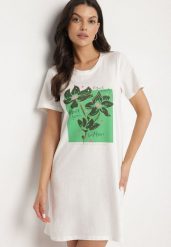 Biała Bawełniana Sukienka o Kroju Typu T-shirt Zdobiona Nadrukiem Nevolira. Białe sukienki Born2be, na co dzień, l, z aplikacjami, z bawełny, eleganckie, bez kołnierzyka, bez ramiączek, midi. Za 34.99 zł.