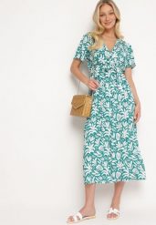 Zielona Kopertowa Sukienka z Wiskozy z Gumką w Pasie i Materiałowym Paskiem Fazemia. Zielone sukienki Born2be, na co dzień, l, bez wzorów, z materiału, eleganckie, bez kołnierzyka, bez ramiączek, maxi, kopertowe. Za 64.99 zł.