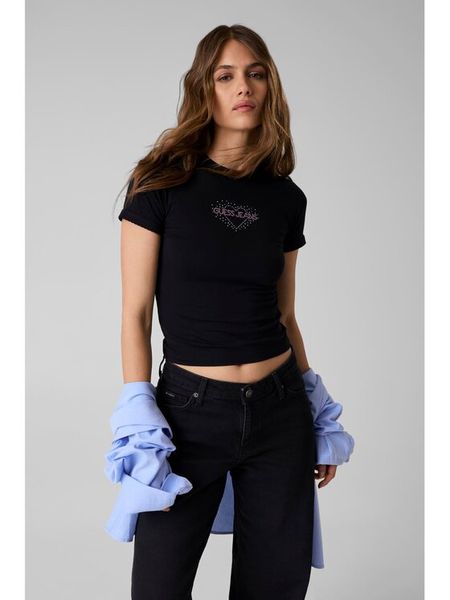 Guess Jeans T-Shirt W6YI05 K3640 Czarny Slim Fit. Czarne t-shirty Guess Jeans, xl, z aplikacjami, z bawełny, bez kołnierzyka, bez ramiączek. Za 129.99 zł.