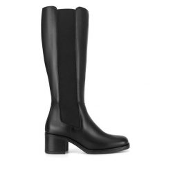 Kozaki GINO ROSSI. Czarne kozaki Gino Rossi, bez obcasa, na słupku, bez zapięcia. Za 479.99 zł.
