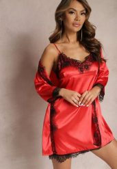 Czerwona Koszula Nocna i Szlaftok z Satyny z Ozdobną Koronką Therine. Czerwone koszule nocne Renee, m, bez wzorów, z koronki, eleganckie, bez ramiączek. Za 69.99 zł.
