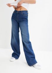 Dżinsy Wide Leg, Mid Waist, ze stretchem. Niebieskie jeansy bonprix, bez wzorów. Za 97.99 zł.