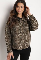 Brązowa Kurtka Jeansowa o Koszulowym Kroju w Panterkowy Print Cesina. Brązowe kurtki Born2be, m, bez wzorów, z jeansu, bez kaptura. Za 74.99 zł.