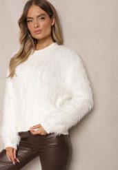 Biały Sweter o Futrzanym Wykończeniu z Wełną Meriaune. Białe swetry Renee, na zimę, bez wzorów, z futra, bez ramiączek. Za 109.99 zł.