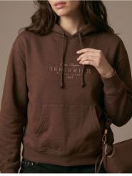 Dresowa bluza hoodie z kieszenią i haftowanym napisem - brązowy. Brązowe bluzy Sinsay, l, bez wzorów, z dresówki, bez kaptura. Za 39.99 zł.