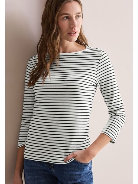 Cecil Koszulka w kolorze biało-czarnym rozmiar: L. Białe bluzki Cecil, l, bez wzorów, z bawełny, bez kołnierzyka, bez ramiączek. Za 82.99 zł.