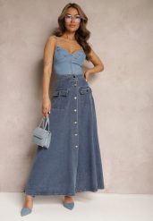 Granatowa Rozkloszowana Spódnica Jeansowa Maxi z Bawełny z Guzikami Brissa. Niebieskie spódnice Renee, na co dzień, m, z aplikacjami, z bawełny, maxi, proste. Za 154.99 zł.