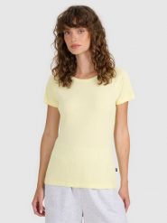 4F T-shirt regular z prążkowanej dzianiny damski - żółty XS. Żółte t-shirty 4f, xs, bez wzorów, z bawełny, bez kołnierzyka, bez ramiączek. Za 49.99 zł.