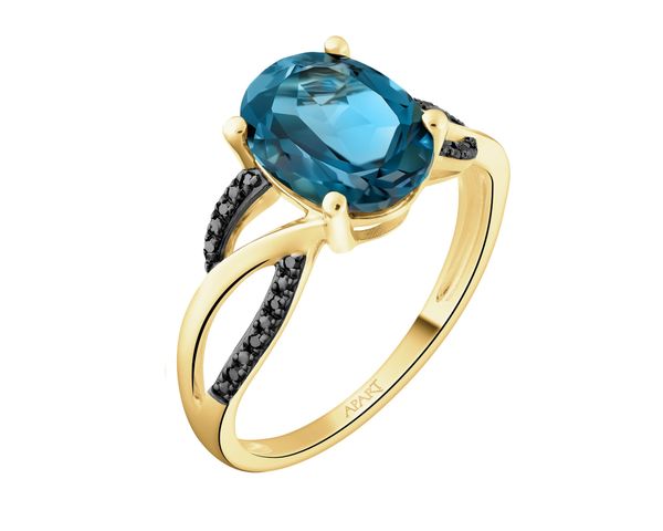 Pierścionek z żółtego złota z czarnymi diamentami i topazem London Blue - próba 585. Czarne pierścionki Apart, z diamentem, złote. Za 2,659.00 zł.