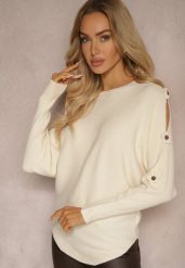 Beżowy Sweter z Wiskozą Ozdobiony Wycięciami na Rękawach Evathia. Brązowe swetry Renee, z aplikacjami, z jeansu, bez ramiączek. Za 74.99 zł.