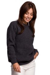 Sweter Oversize o Przedłużonym Kroju - Grafitowy. Szare swetry MOE, l, bez wzorów, z materiału, bez ramiączek. Za 243.90 zł.