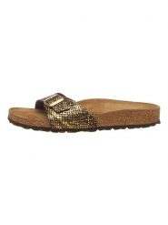 Birkenstock Klapki "Madrid" w kolorze złotym rozmiar: 35. Żółte klapki Birkenstock, bez wzorów, z otwartym noskiem, bez obcasa. Za 87.81 zł.