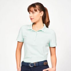 Koszulka polo do golfa damska z krótkim rękawem Inesis MW500. Niebieskie koszulki polo INESIS, m, bez wzorów, z bawełny, bez kołnierzyka, bez ramiączek. Za 59.99 zł.