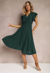 Ciemnozielona Sukienka z Trójkątnym Dekoltem z Gumką w Pasie o Plisowanym Kroju Doetta. Zielone sukienki Renee, m, bez wzorów, eleganckie, bez kołnierzyka, bez ramiączek, midi, plisowane. Za 49.99 zł.