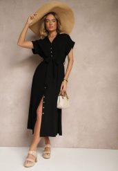 Czarna Bawełniana Sukienka Koszulowa z Wiązanym Paskiem i Krótkim Rękawem Elannoria. Czarne sukienki Renee, na co dzień, m, bez wzorów, z bawełny, eleganckie, bez kołnierzyka, bez ramiączek, maxi, koszulowe. Za 99.99 zł.