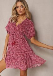 Czerwona Mini Sukienka z Falbanką o Fasonie Nietoperza z Trójkątnym Dekoltem i Troczkami Beinnase. Czerwone sukienki Renee, na co dzień, na lato, l, bez wzorów, bez kołnierzyka, bez ramiączek, mini, proste. Za 99.99 zł.