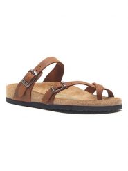 Comfortfusse Skórzane japonki w kolorze jasnobrązowym rozmiar: 37. Brązowe klapki Comfortfüße, bez wzorów, z nubiku, z otwartym noskiem, bez obcasa. Za 211.31 zł.