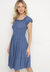 Granatowa Bawełniana Rozkloszowana Sukienka z Guzikami i Bufiastymi Rękawami Annivi. Niebieskie sukienki Born2be, na co dzień, l, bez wzorów, z bawełny, eleganckie, bez kołnierzyka, bez ramiączek, midi, rozkloszowane. Za 39.99 zł.