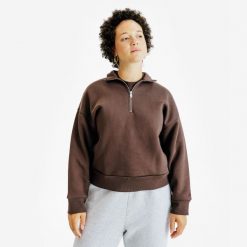 Bluza ze stójką na suwak damska Elementals. Brązowe bluzy sportowe DECATHLON, m, bez wzorów, z bawełny, bez kaptura. Za 179.99 zł.