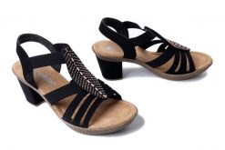 RIEKER 66526-00 black, sandały damskie. Czarne sandały Rieker, bez wzorów, bez obcasa, na obcasie, bez zapięcia. Za 319.90 zł.