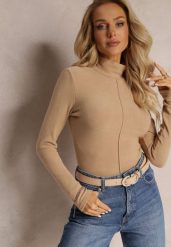 Beżowy Sweter Golf z Ozdobnym Przeszyciem Dayshawn. Brązowe golfy Renee, m, z aplikacjami, z jeansu, bez ramiączek. Za 99.99 zł.