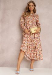 Pomarańczowo-Fioletowa Sukienka Dorosa. Brązowe sukienki Renee, na imprezę, l, bez wzorów, bez kołnierzyka, bez ramiączek, maxi. Za 49.99 zł.