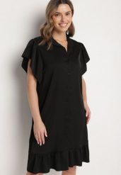 Czarna Sukienka Koszulowa z Guzikami i Falbankami Tenalena. Czarne sukienki Born2be, na co dzień, bez wzorów, eleganckie, bez kołnierzyka, bez ramiączek, midi, koszulowe. Za 64.99 zł.