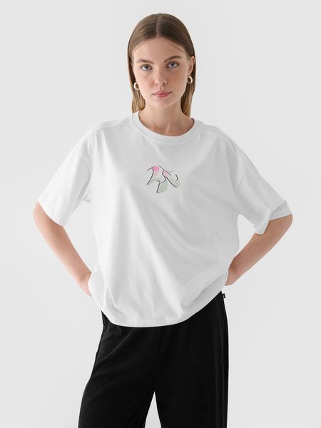 4F T-shirt oversize z nadrukiem damski - biały XL. Białe t-shirty 4f, xl, bez wzorów, z bawełny, bez kołnierzyka, bez ramiączek. W wyprzedaży za 39.99 zł.