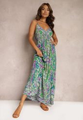 Zielono-Fioletowa Rozkloszowana Sukienka z Wiskozy na Regulowanych Ramiączkach w Stylu Boho Yalfea. Zielone sukienki Renee, na spacer, na lato, l, bez wzorów, z wiskozy, boho, bez kołnierzyka, bez ramiączek, maxi, rozkloszowane. Za 89.99 zł.