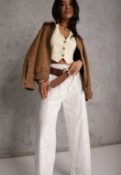 Białe Ażurowe Spodnie Wide Leg z Bawełny w Rustykalnym Stylu z Haftem Elladith. Białe spodnie materiałowe Renee, na co dzień, l, w ażurowe wzory, z bawełny. Za 129.99 zł.